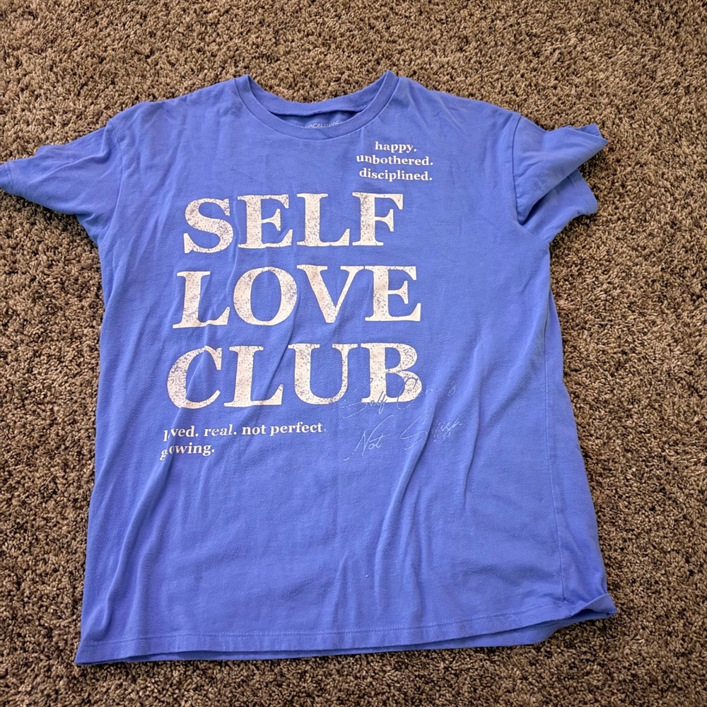 Grayson Threads Womens Self Love Club Graphic T-Shirt Blue Crew Neck Medium